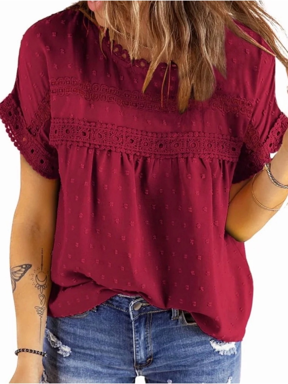 Women’s Lace Trim Short Sleeve Blouse - Burgundy